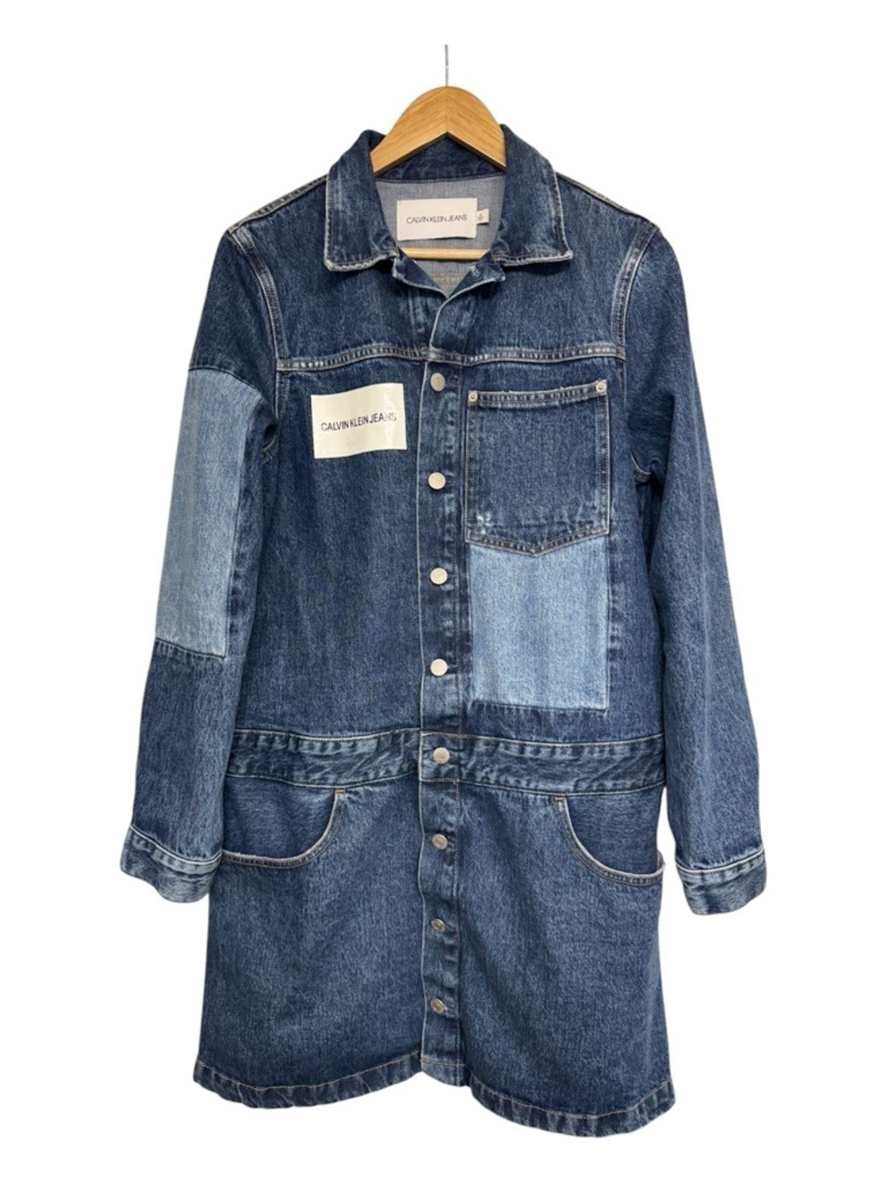 Minimalist Patchwork Denim Shirt Jacket Workwear Chore Coat Calvin Klein Jeans M